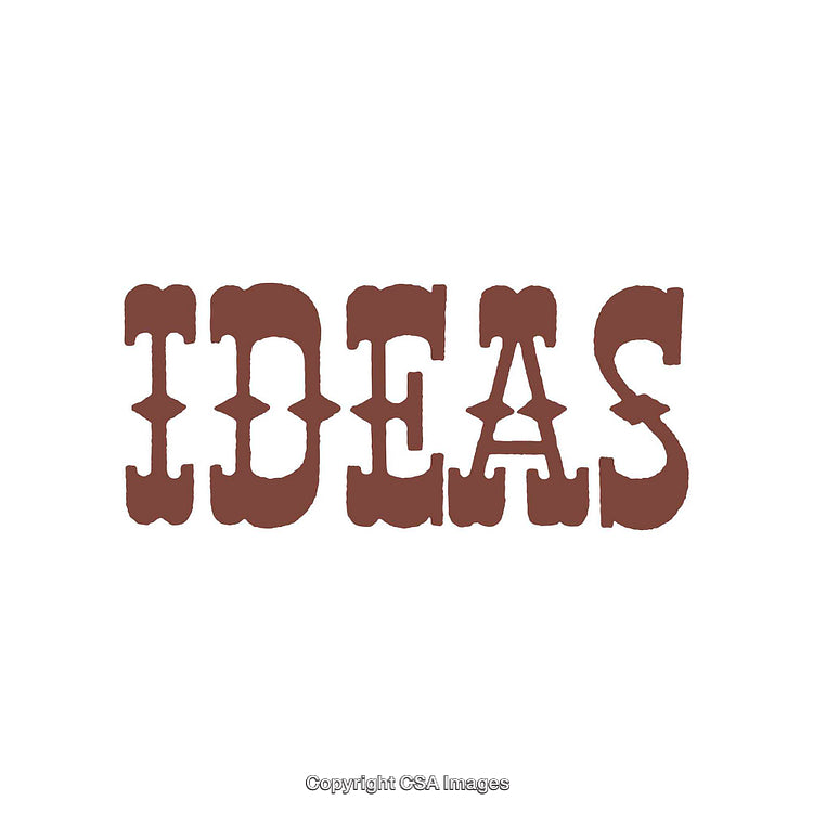 Rustic Stencil-Style 'Ideas' Text in Bold Brown Color on White Background