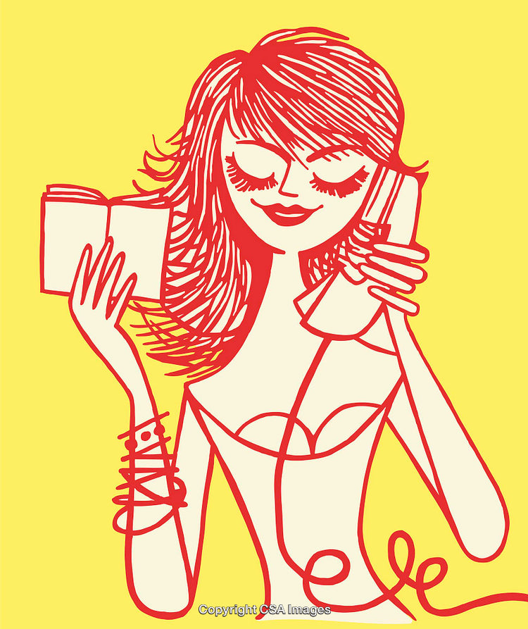 Artistic Line Art Illustration of a Woman on the Phone and Reading a Book