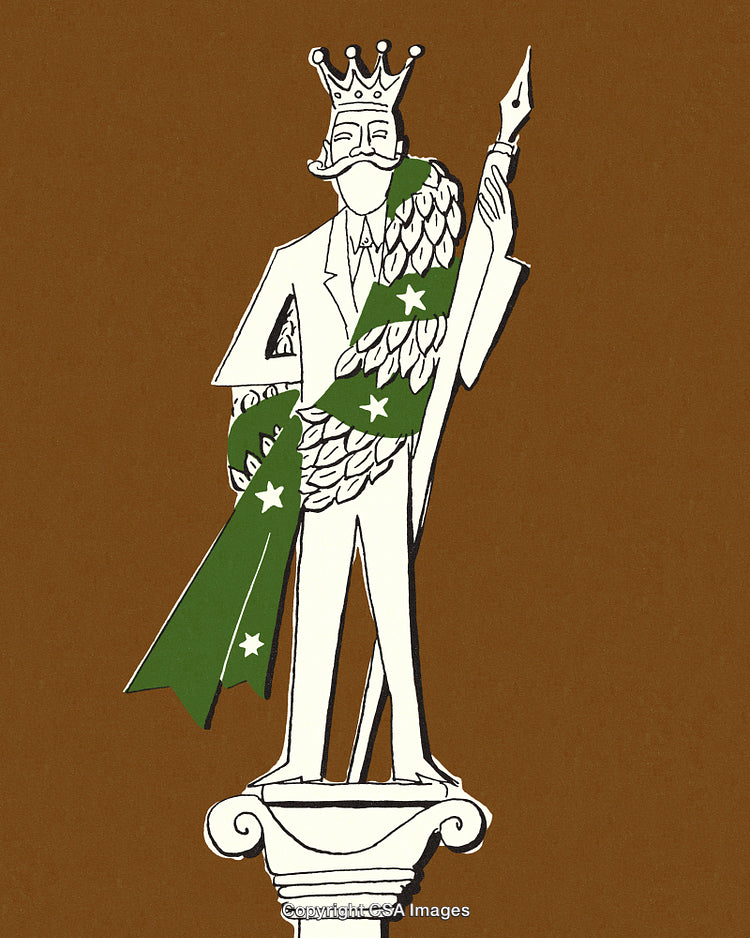 Illustration of a Crowned Figure Holding a Pen on a Pedestal