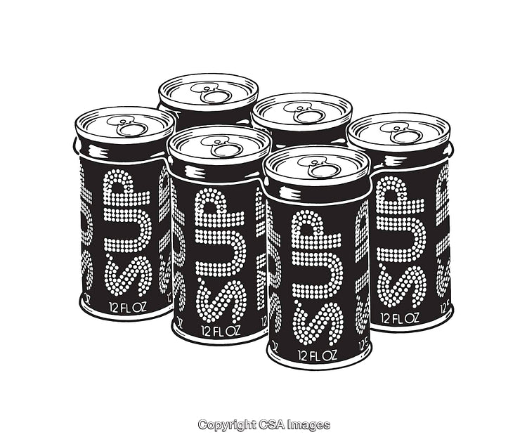 Black and White Line Art Illustration of Six Soda Cans Arranged Neatly
