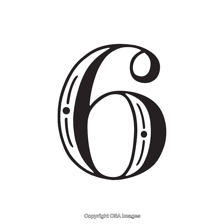 Stylized Black Number Six with Decorative Details on White Background