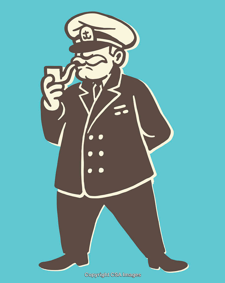Captain Character Illustration with Smoking Pipe on Blue Background