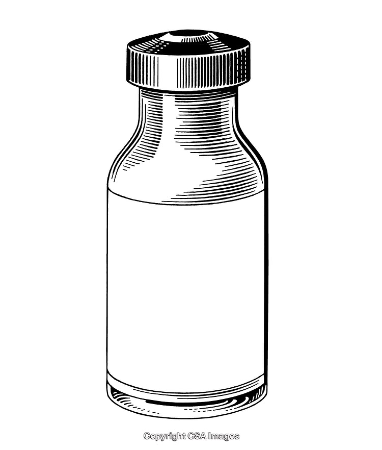 Detailed Black and White Engraving of a Medical Glass Vial Illustration