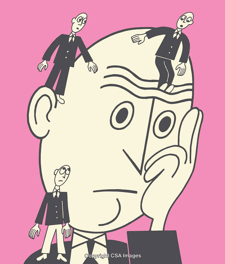 Surreal Illustration of a Contemplative Head with Miniature Figures on Top