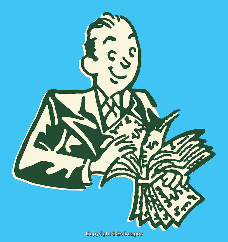 Vintage Style Illustration of a Happy Businessman Holding Currency Notes