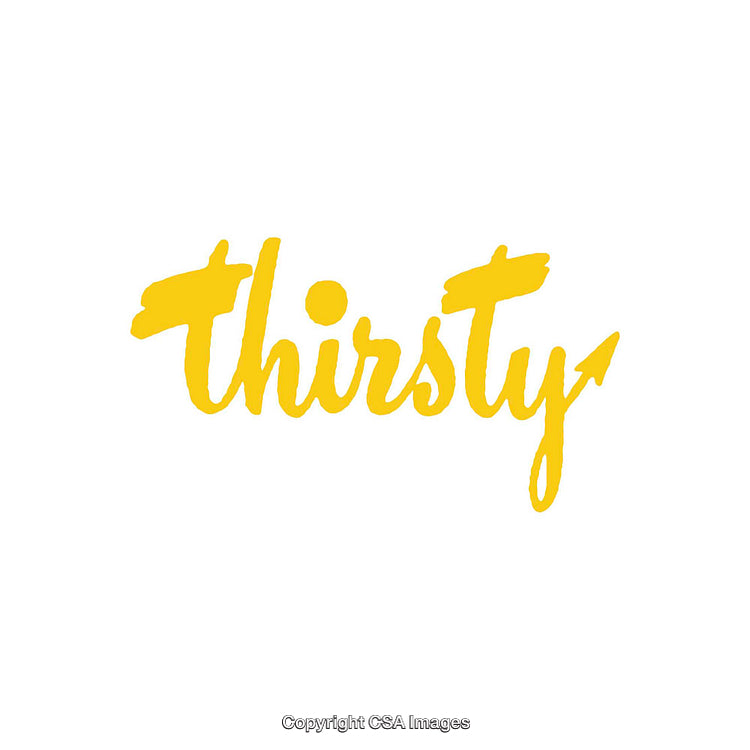 Yellow Handwritten Text Depicting the Word Thirsty on a White Background