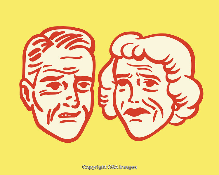 Vintage Style Red Line Art Portrait of a Man and Woman on Yellow