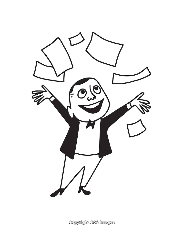 Excited Cartoon Character Celebrating With Papers Flying in the Air