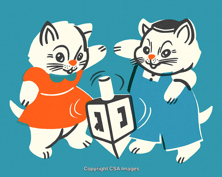 Playful Cats Spinning a Dreidel in Festive Cartoon Art Style