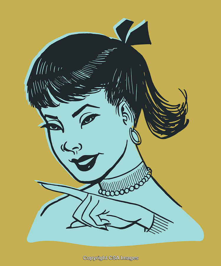 Retro Styled Woman Portrait with Playful Expression and Hand Gesture