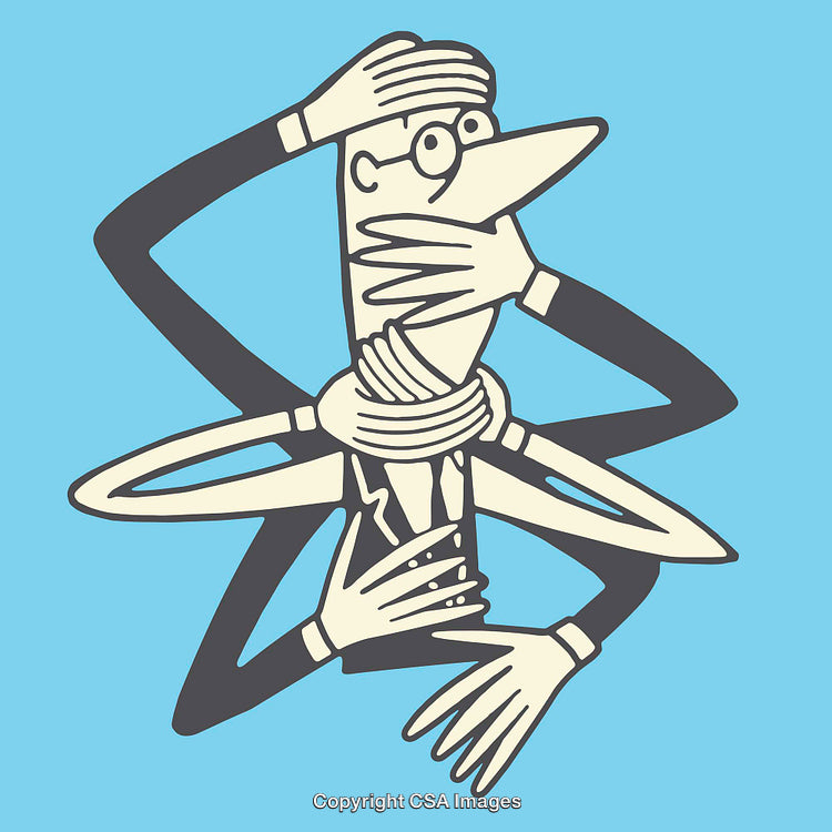 Surreal Illustration of Hands Silencing and Overwhelming a Man with Confusion