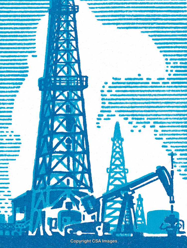 Blue Artistic Depiction of Oil Drilling and Industrial Equipment