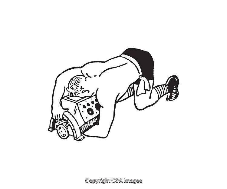 Black and White Line Art Depicting a Man with a Cheese Cart