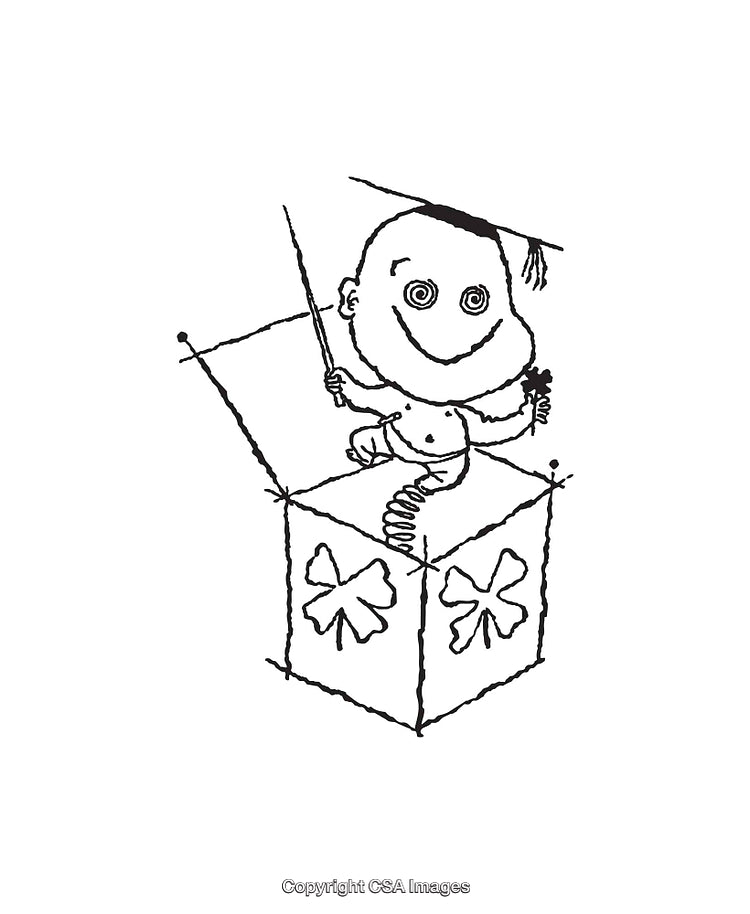 Black and White Drawing of a Baby in a Jack-in-the-Box