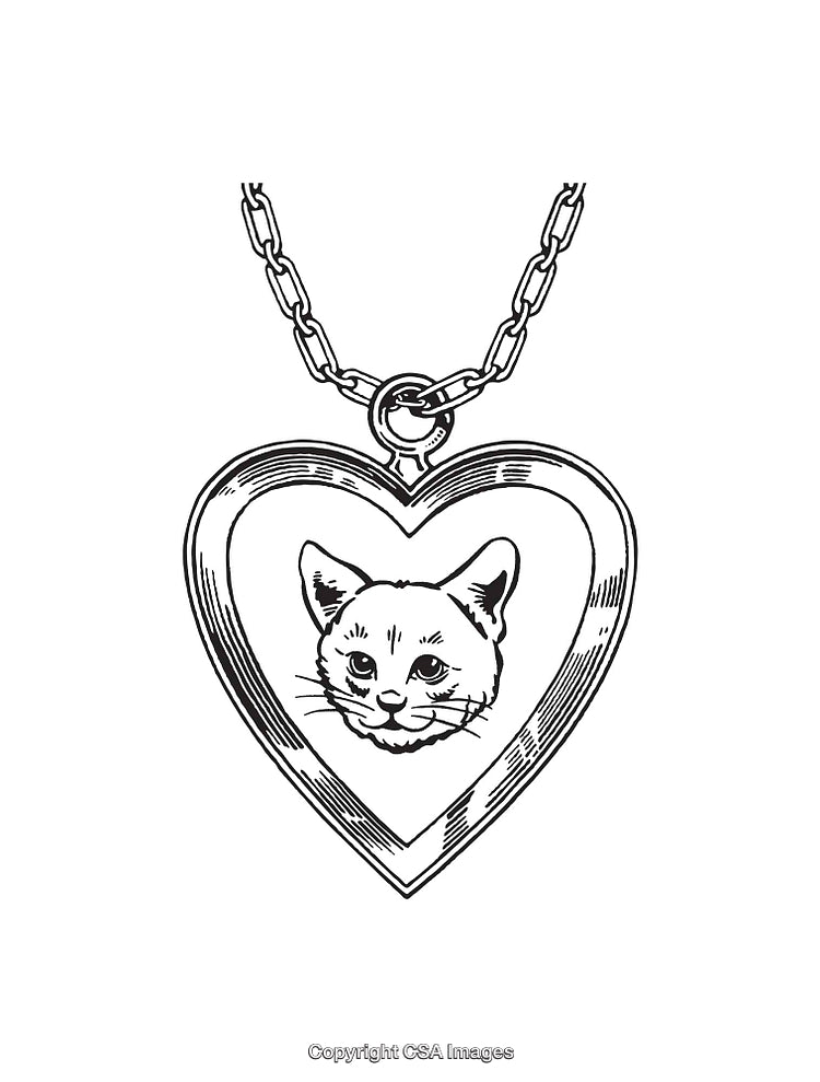 Heart-Shaped Pendant Featuring a Cat Illustration in Black and White Line Style