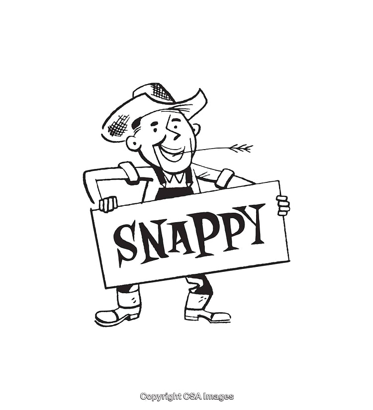 Black and White Line Art of a Character Holding a Snappy Sign