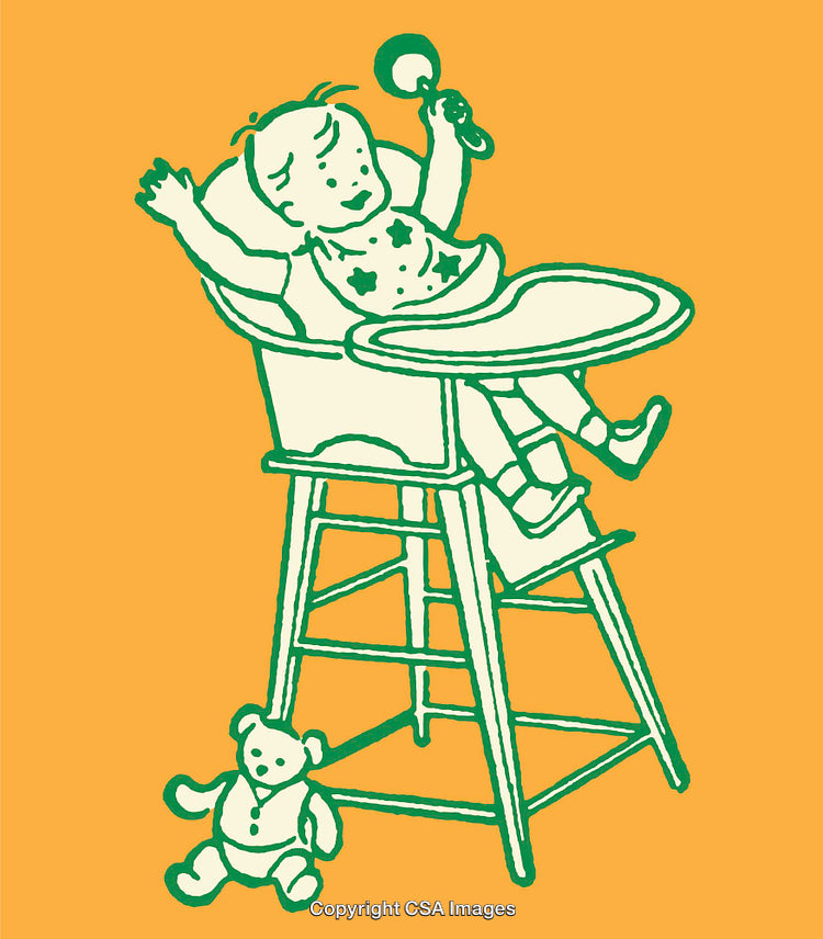 Child Sitting in High Chair with Teddy and Rattle on Orange Background