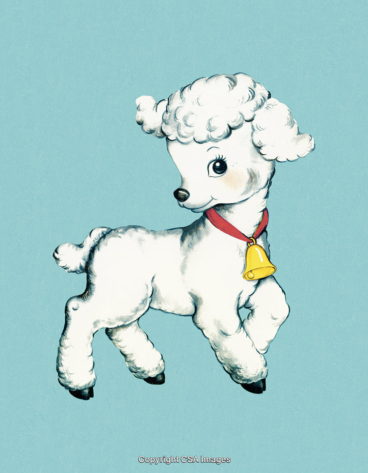 Cute Cartoon Lamb With Collar and Bell on Blue Background