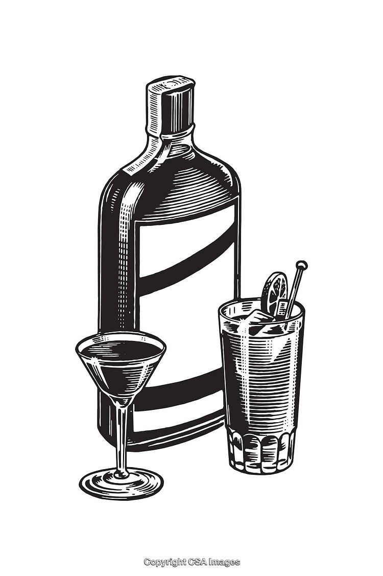 Black And White Line Art of a Bottle and Two Elegant Cocktails
