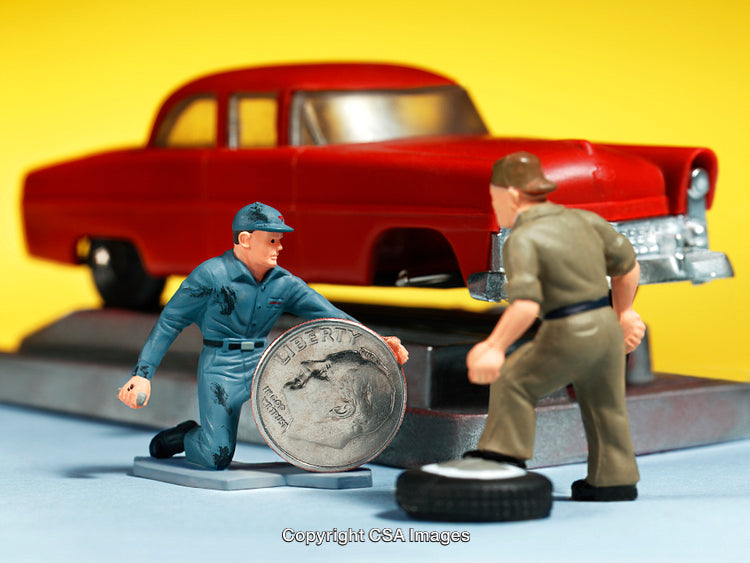 Miniature Mechanic Scene with Red Car and Oversized Coin