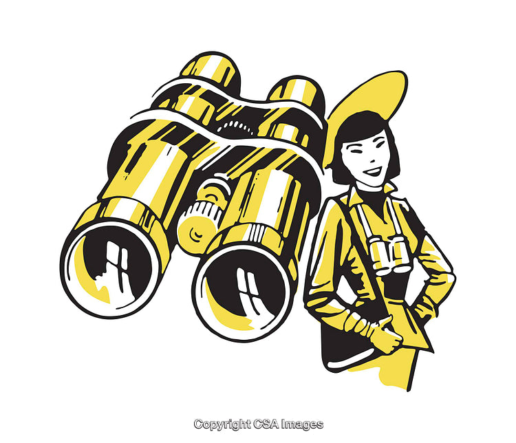Retro Illustration Featuring Binoculars and Woman Explorer in Bold Yellow Style