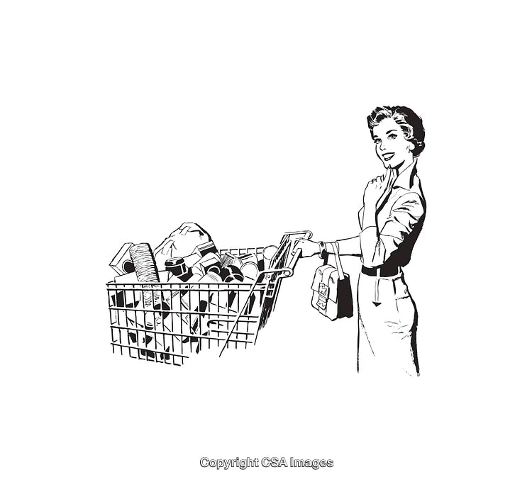 Retro Style Illustration of Woman Shopping with Full Cart