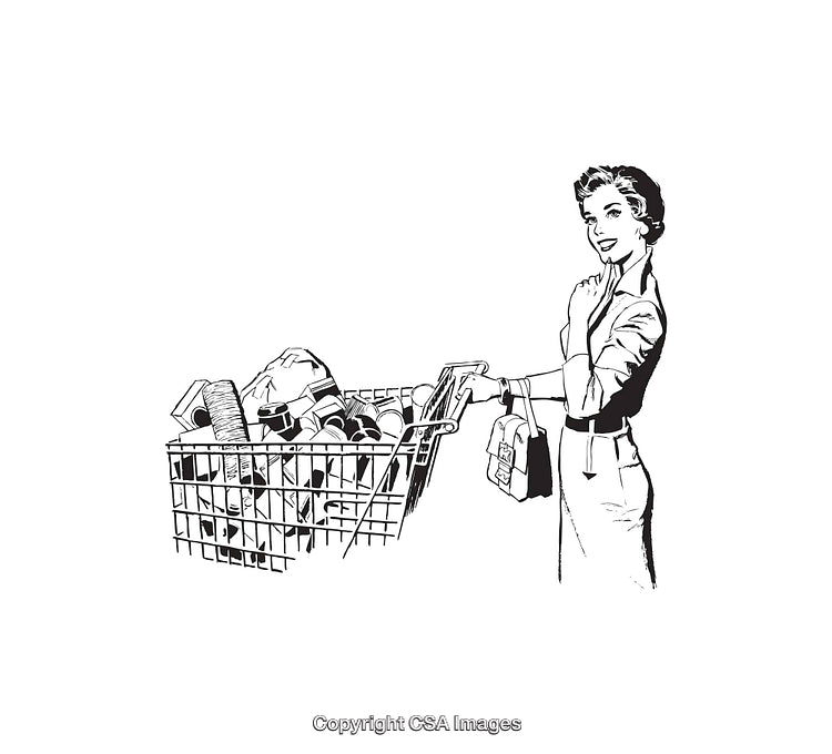 Retro Style Illustration of Woman Shopping with Full Cart