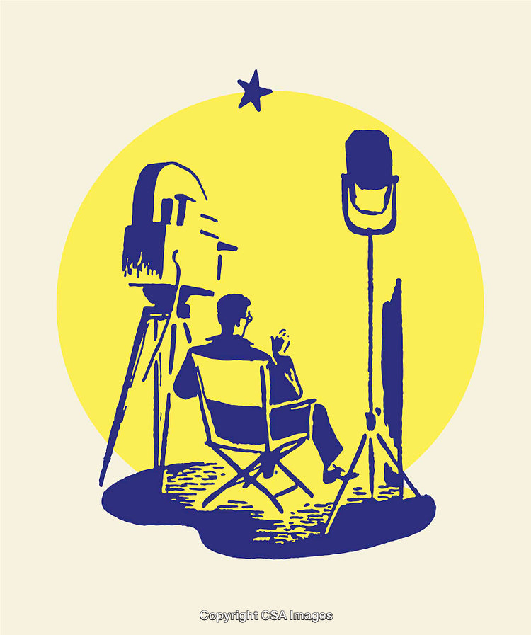 Film Director Under Studio Spotlights in Retro Yellow Blue Illustration