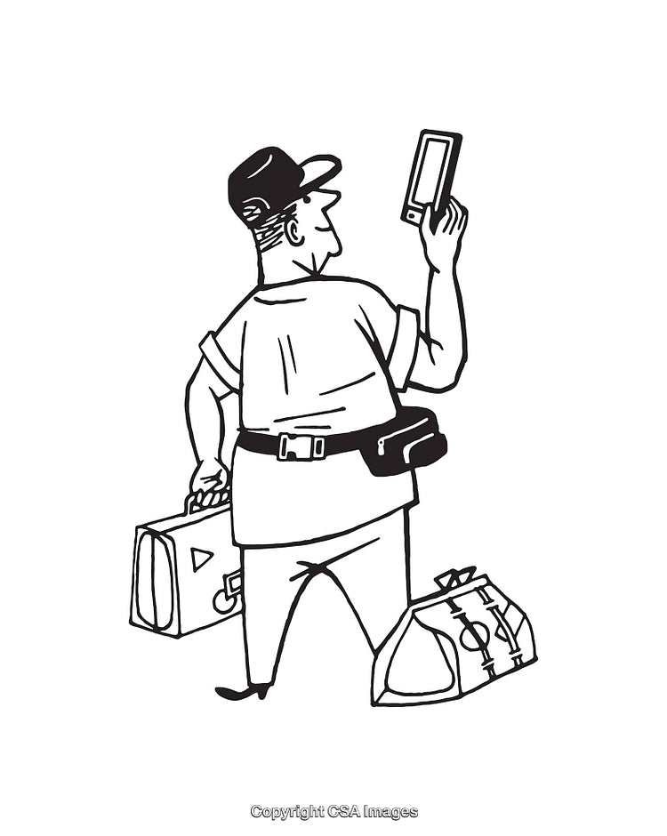 Traveler Holding Smartphone with Bags in Black and White Line Art
