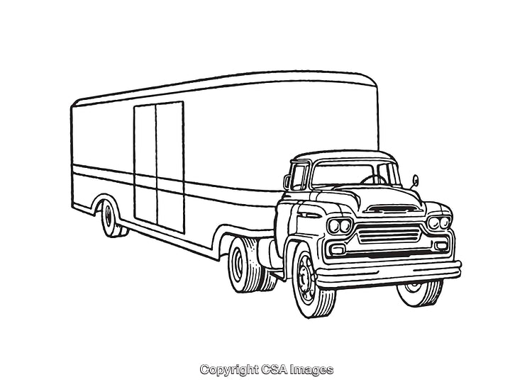 Vintage Truck and Trailer Black and White Line Art Illustration