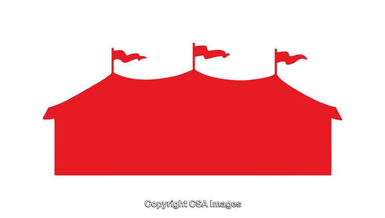 Bold Red Silhouette of a Circus Tent with Flags Against White Background