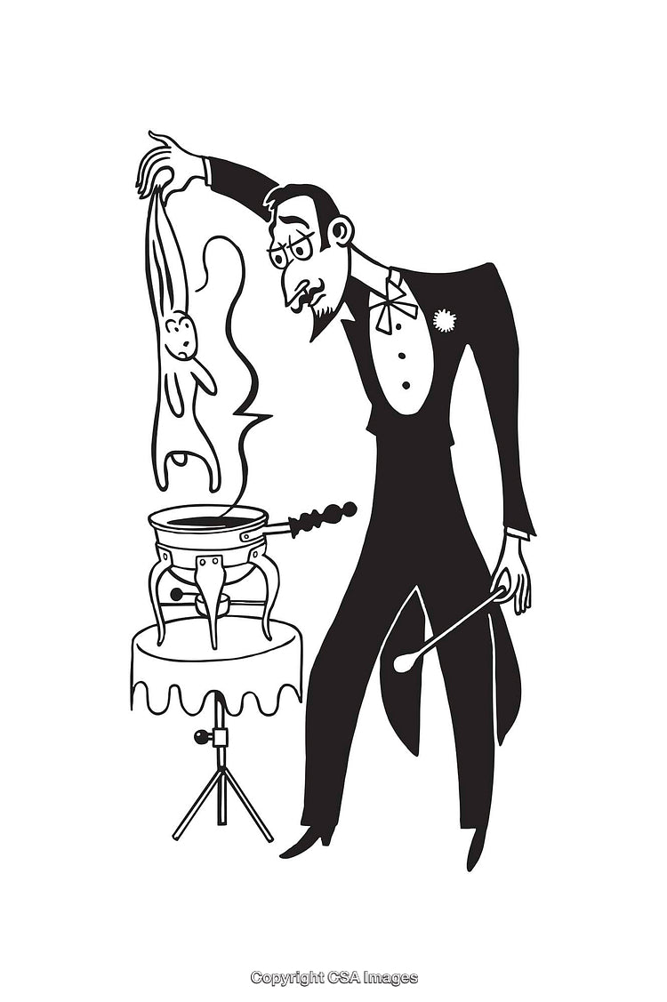 Magician Performing Illusion Trick With Rabbit and Top Hat