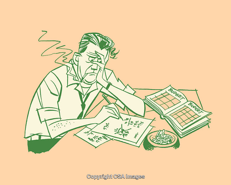 Illustration of a Man Stressed Over Budget Calculations at a Work Desk