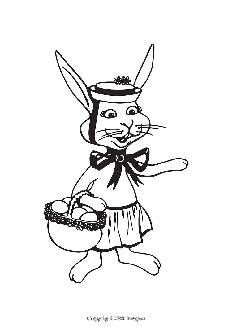 Black and White Easter Bunny Illustration Holding a Basket of Eggs