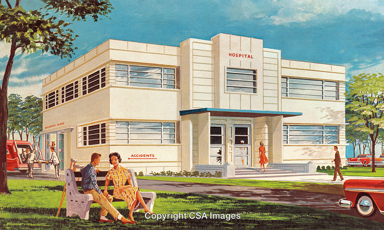Illustrated Retro Hospital Scene with People in Outdoor Setting