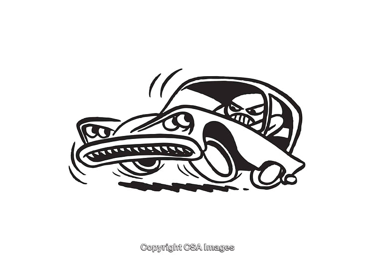 Black and White Line Art Illustration of a Stylized Car with Character