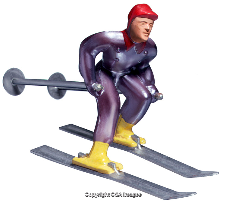 Close-Up of a Vintage Skiing Action Figure Toy on White Background