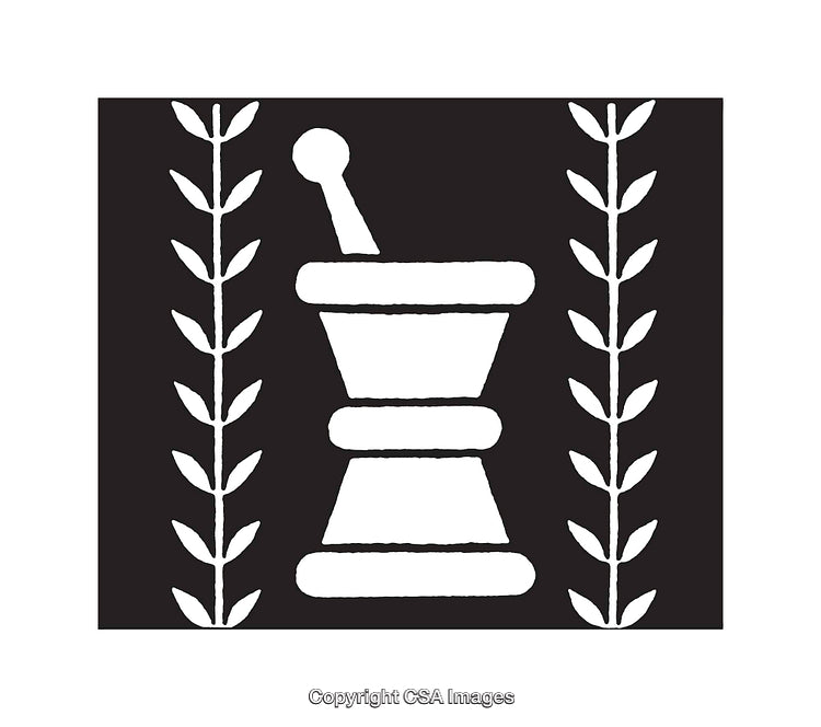 Black and White Herbal Apothecary Icon Featuring Mortar and Pestle Design