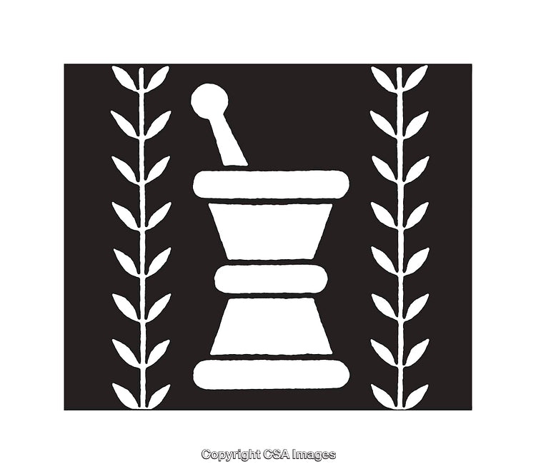 Black and White Herbal Apothecary Icon Featuring Mortar and Pestle Design