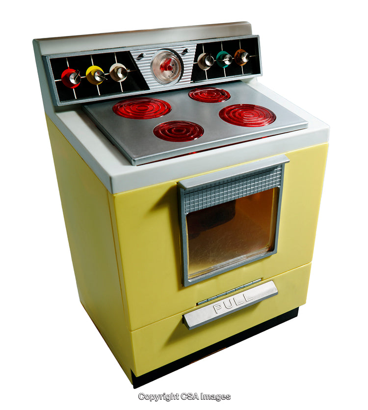 Vintage Yellow Toy Stove with Red Burners and Retro Style Controls