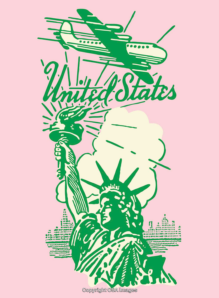 Color Line Art Depiction of Iconic United States Symbols with Statue of Liberty