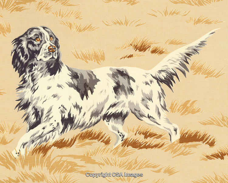 Illustration of a Standing Dog in Grassy Landscape with Natural Tones