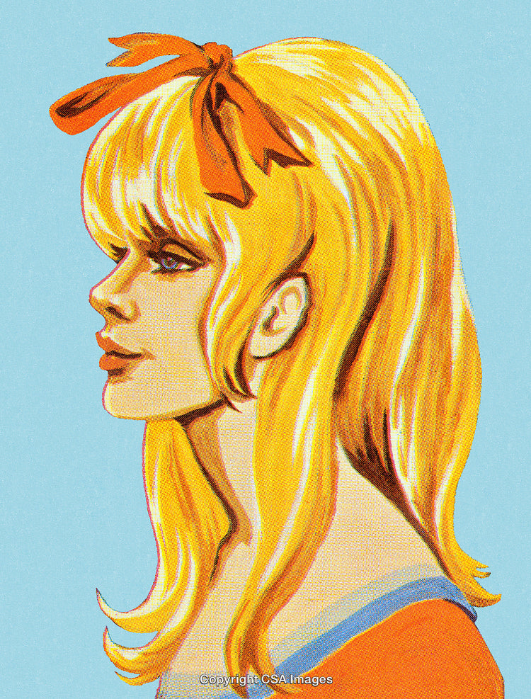 Retro Style Illustration of Blonde Woman With Red Bow on Light Blue Background