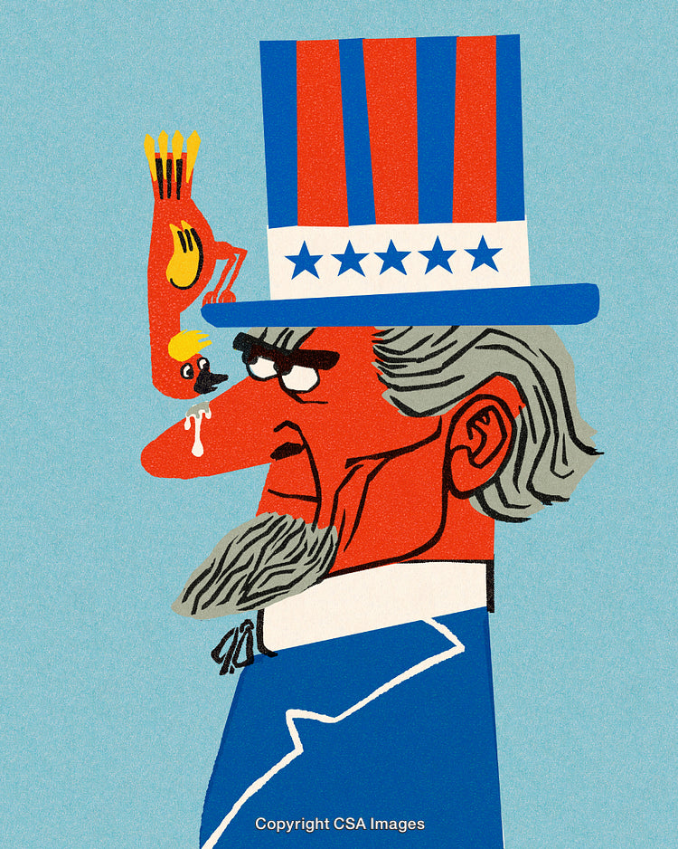 Patriotic Cartoon Illustration of Uncle Sam with a Bird on His Hat