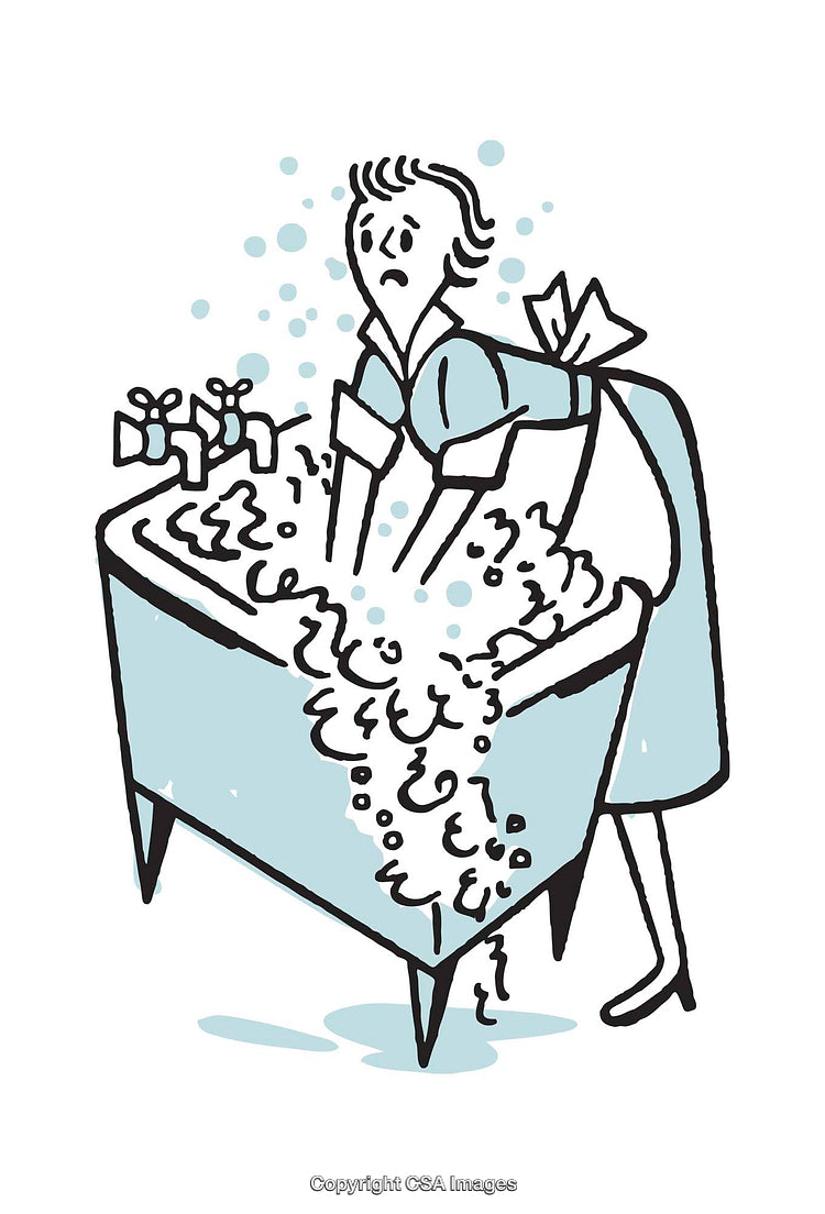 Vintage Illustration of a Woman Doing Laundry with Foamy Soap Bubbles
