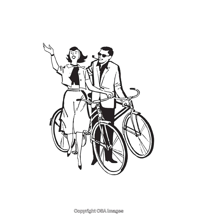 Vintage Line Art Illustration of a Couple Strolling With Bicycles