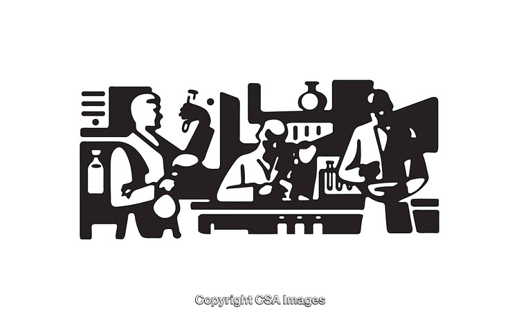 Stylized Black And White Laboratory Team Working Together Illustration
