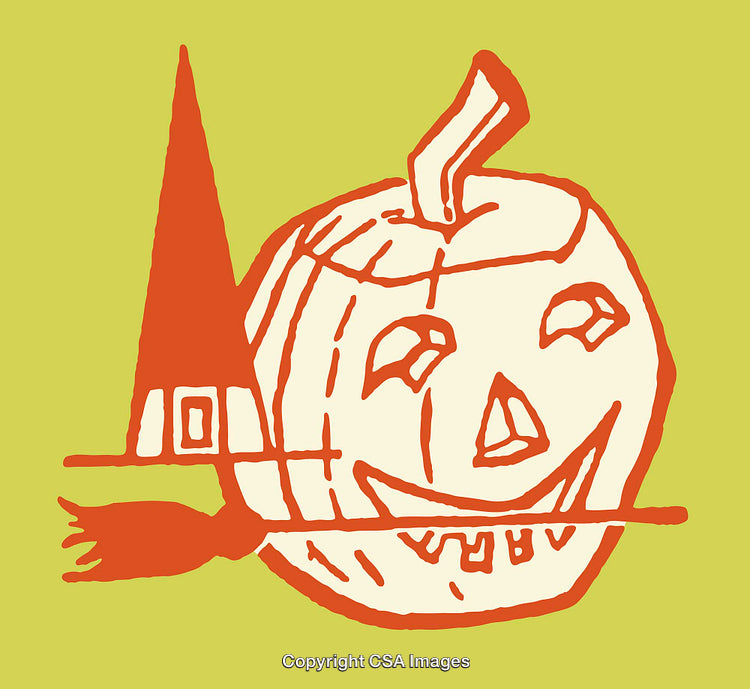 Vibrant Halloween Pumpkin Illustration with Witch Hat and Broom