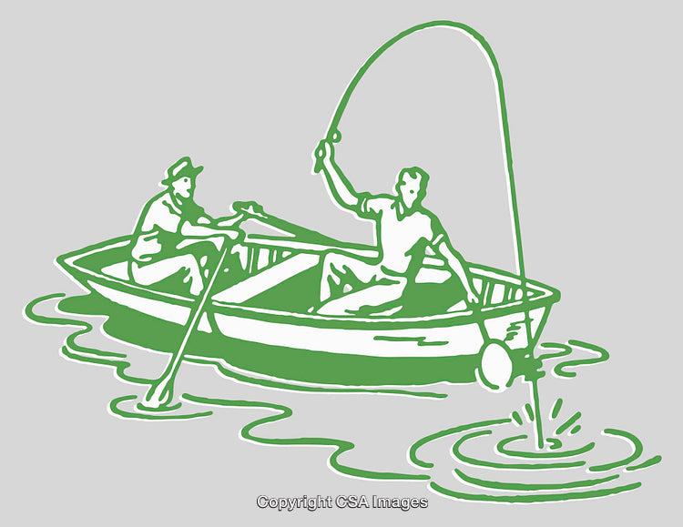 Two Individuals Fishing in a Rowboat on a Calm Lake