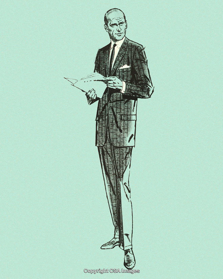 Vintage Illustration of a Professional Businessman Holding Documents on Green Background